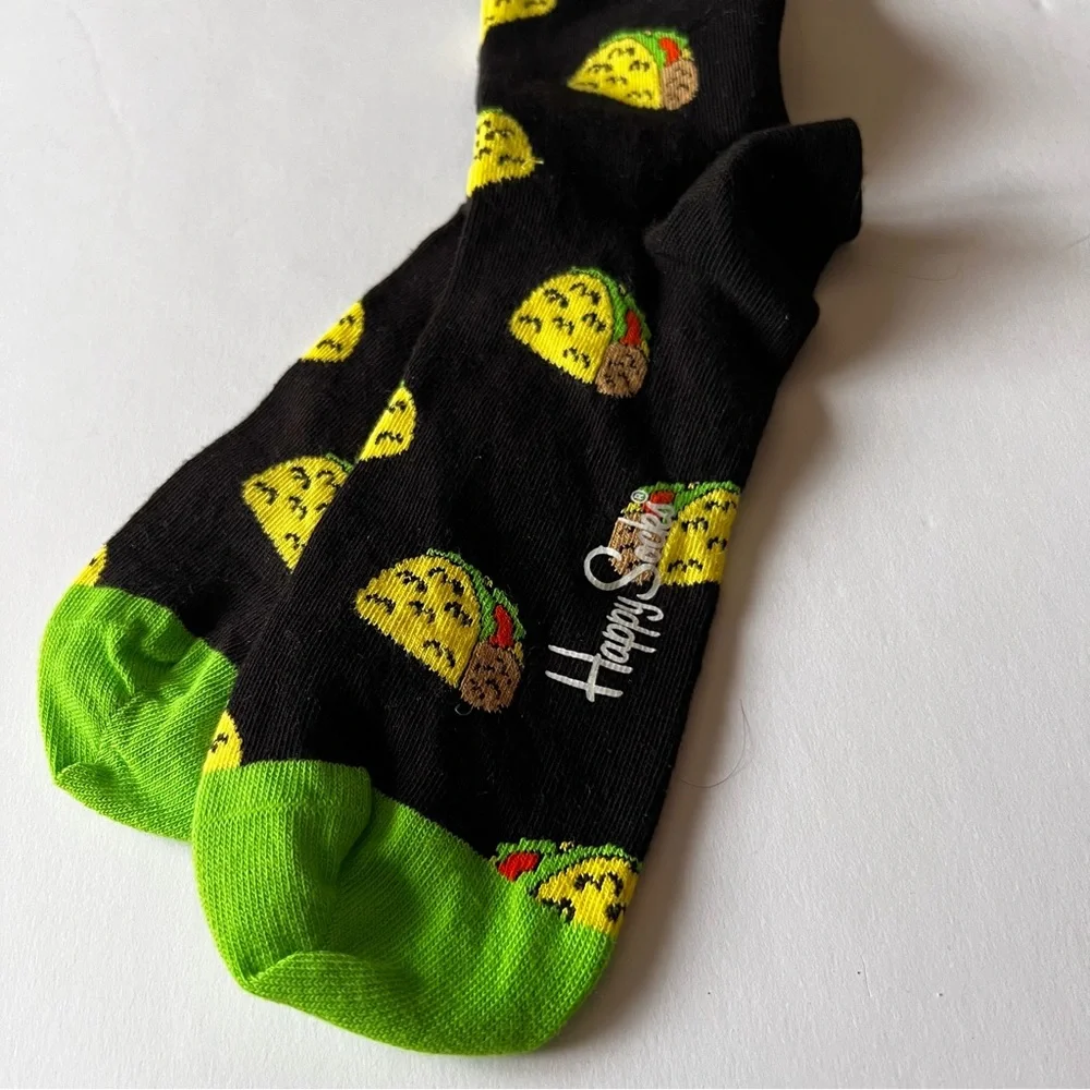 HAPPY SOCKS MENS COMBED COTTON CREW SOCKS TACO TO GO TACO PRINT BLACK OS NWT